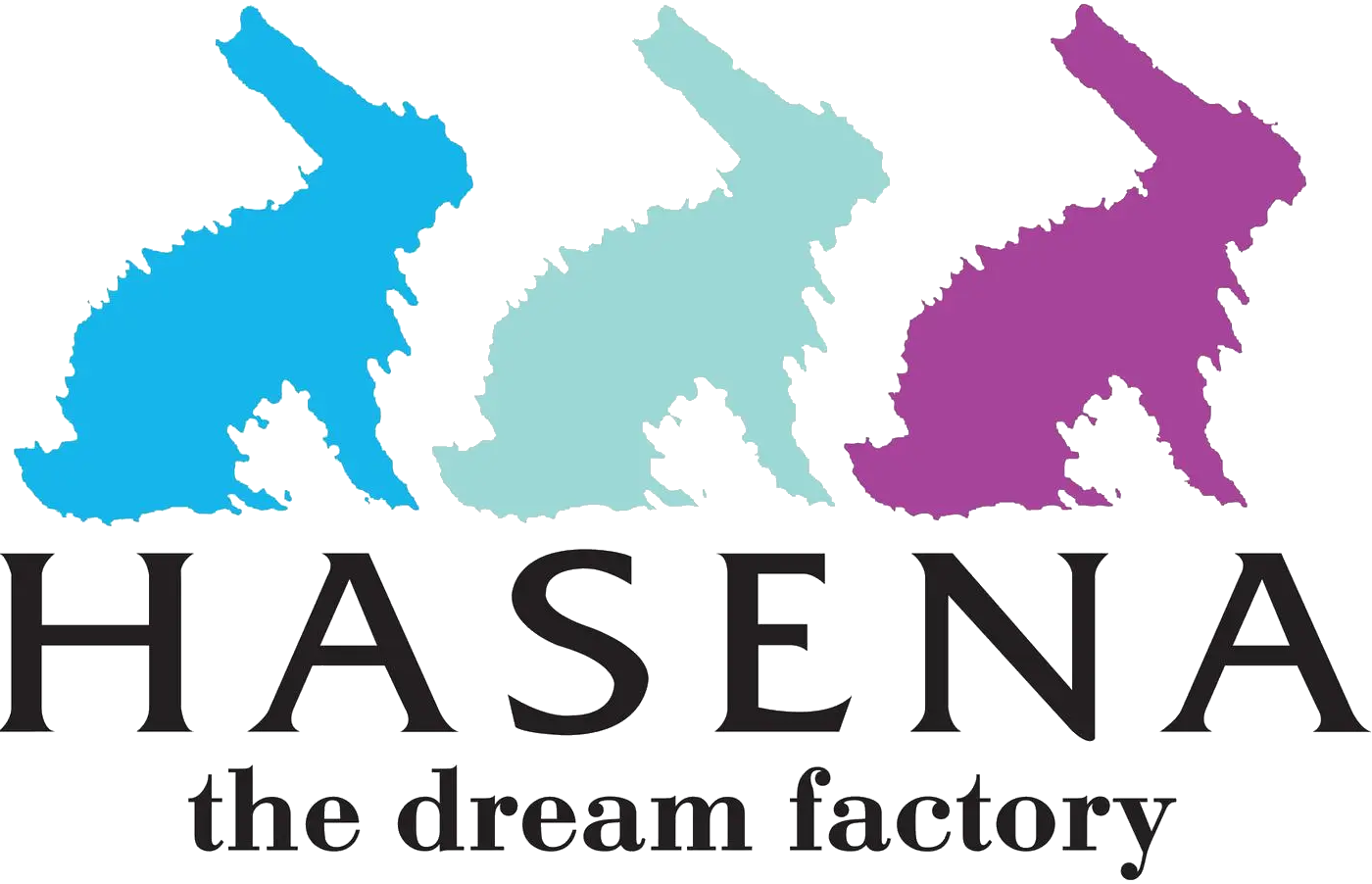 HASENA brand logo featuring three stylized rabbits in blue, mint, and purple colors above the text 'HASENA the dream factory''